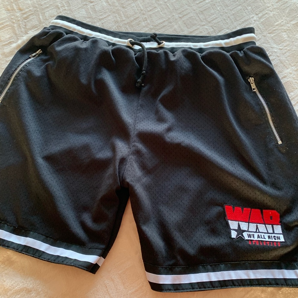 Men's Black Basketball Shorts with White and Red Accents